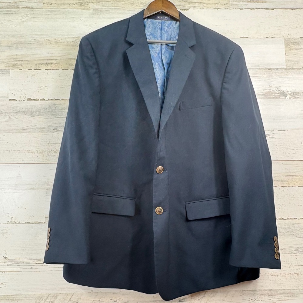 Adolfo Blazer Mens 48R Navy Blue Comfort Stretch Paisley Lining Old Money
